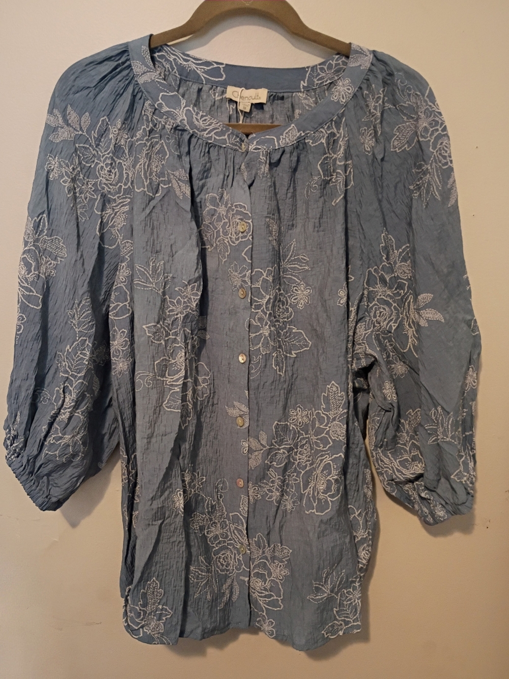 Chenault Blue Button-Front Floral Embroidered Top